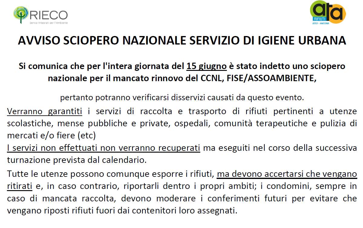 15 giugno  sciopero nazionale servizio di igiene urbana