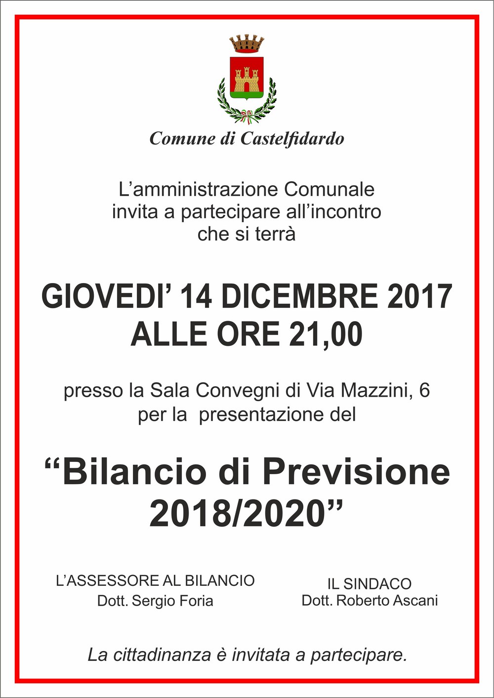 Giovedì 14 presentazione bilancio previsonale